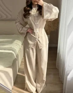 Lässiges chinesisches Hemd-Hosen-Set für Damen: Stehkragen, Langarm, Einreiher, lockere Hemden und Hosen, Streetwear-Outfit für Damen