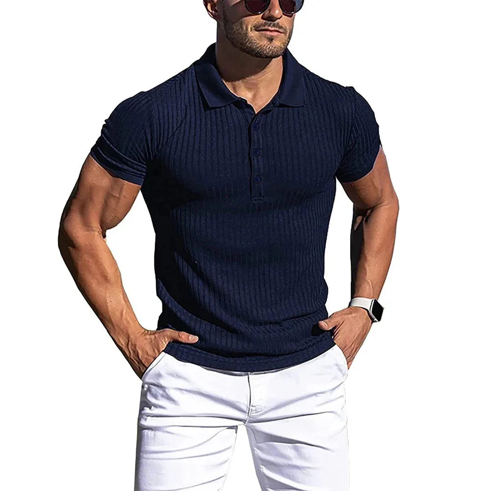 Neue Sommer Polo Männer Solide Streifen Fitness Elastizität Kurzarm Polo Shirts für Männer Mode Stehen Kragen Herren Shirts