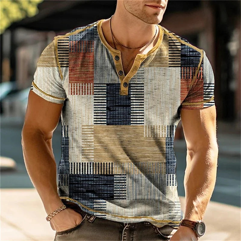 Sommer 3D Gedruckt männer Taste T Shirt Retro Patchwork Muster Kühlen Atmungsaktive Kurzarm Trendy Casual T Shirt Übergroßen top