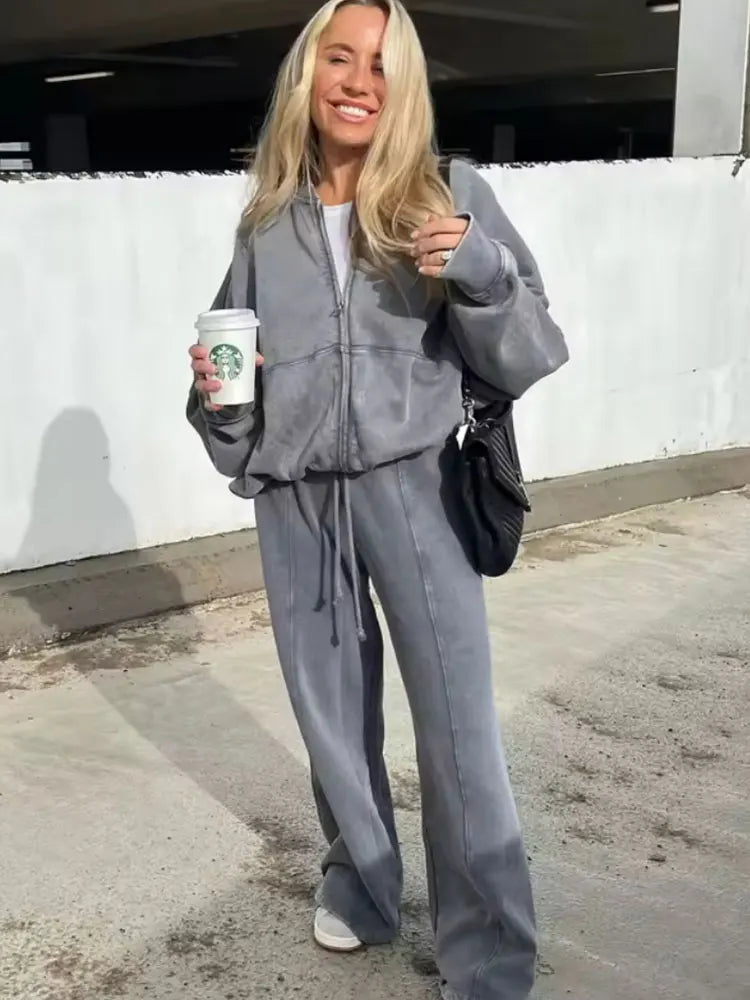 HH Damen Herbst 2-teilig Retro einfarbig Reißverschluss Bomberjacke Sweatshirt + hohe Taille Schnürung Damen Hose mit weitem Bein Street Wear