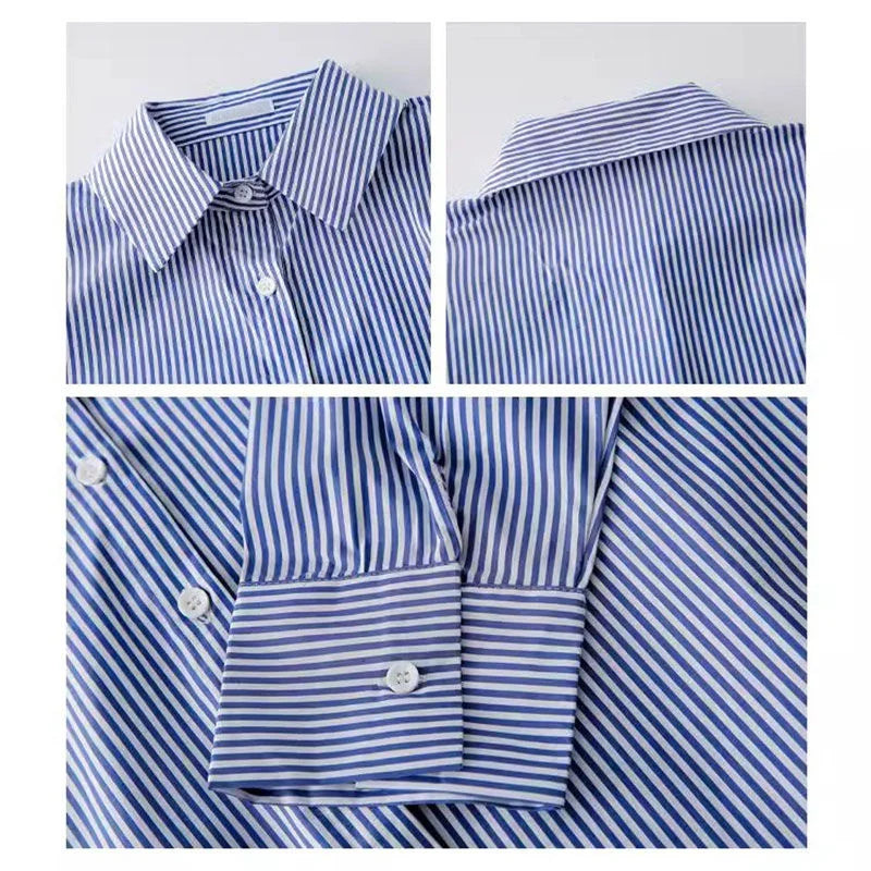 Klassische Gestreifte Frau Frühling Herbst Blusen Hemd Dame Lange Laterne Hülse Stehkragen Lose Blusas Tops