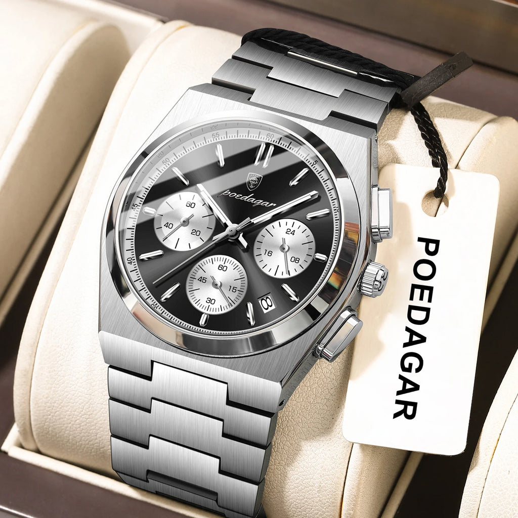 POEDAGAR Top Mode Mann Armbanduhr Chronograph Datum Edelstahl Business Männer Uhr Wasserdicht Leucht männer Quarz Uhren