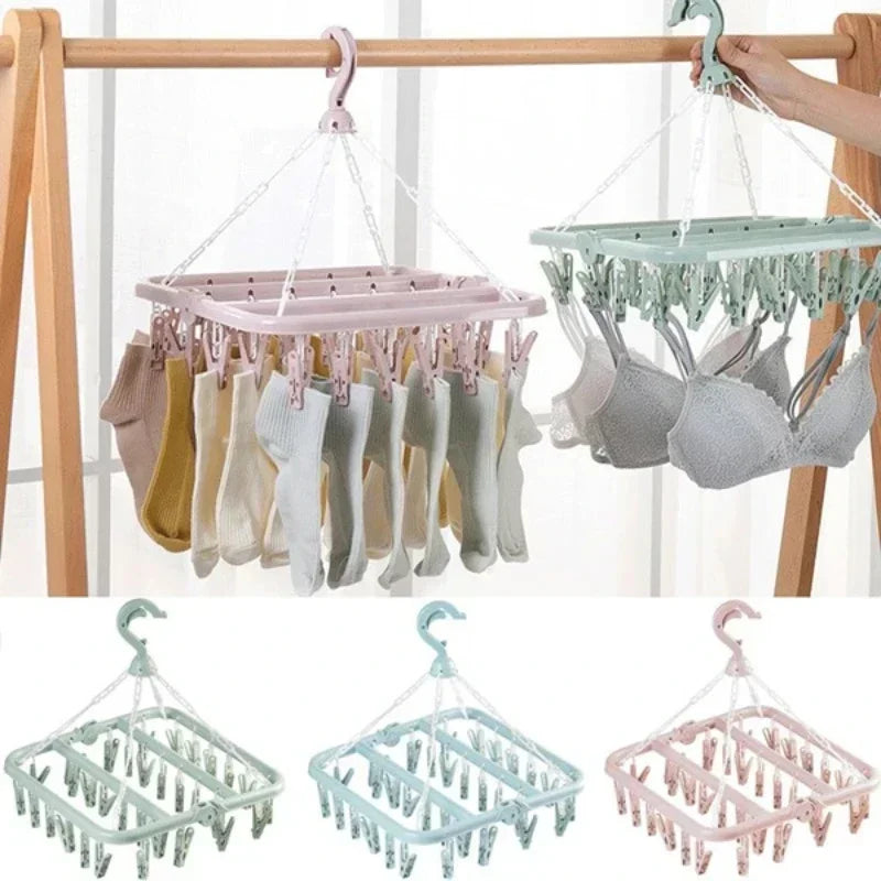 32 Clips, zusammenklappbarer Kleiderbügel, Trockner, winddicht, für Socken, Unterwäsche, Wäscheständer, Baby-Bekleidung, Kleiderbügel, Organizer, Wäscheständer, Aufbewahrung