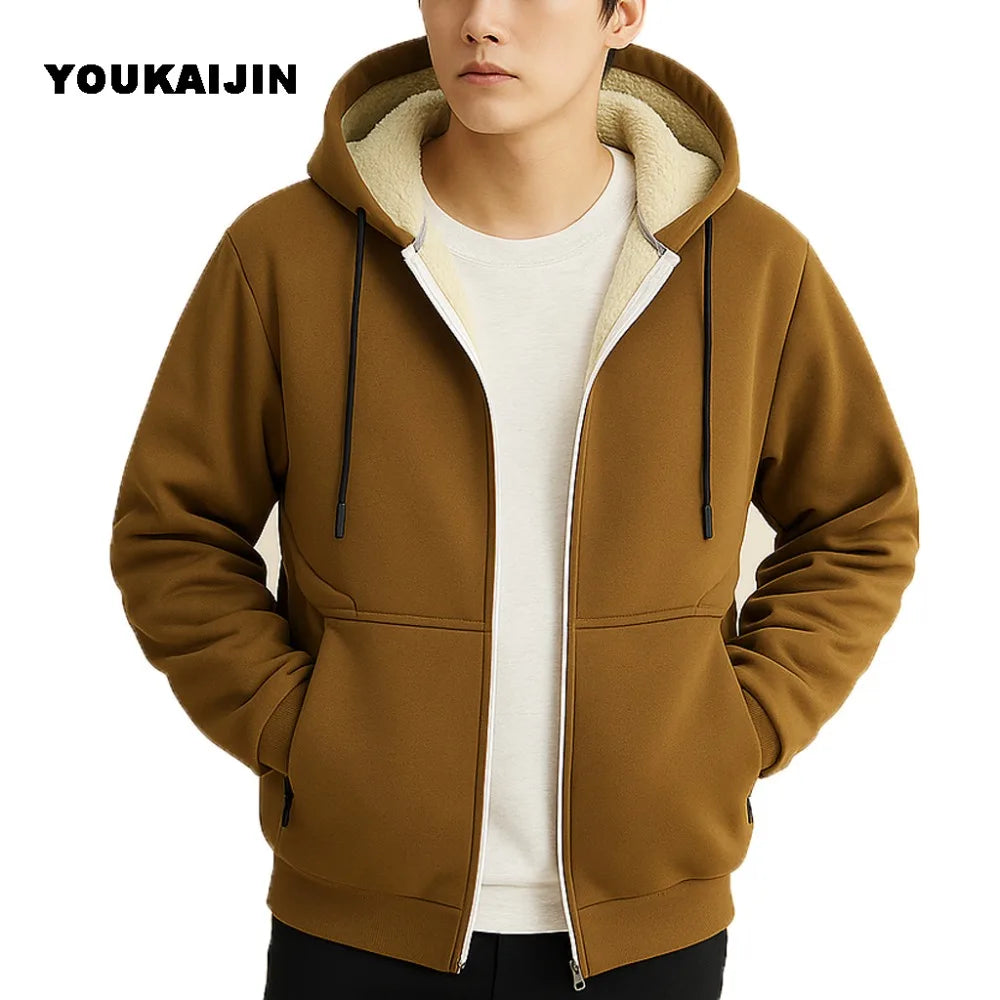 Warmer Fleece-Kapuzenpullover für Herren, Herbst und Winter, mit Sherpa gefüttert, durchgehender Reißverschluss, einfarbig, Sweatshirt-Jackenmantel