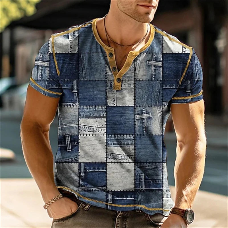Sommer 3D Gedruckt männer Taste T Shirt Retro Patchwork Muster Kühlen Atmungsaktive Kurzarm Trendy Casual T Shirt Übergroßen top