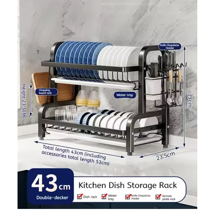 Abtropfgestell, 2-stöckig, kompakt, für die Küche, Abtropfgestell, Abtropfbrett-Set, großes, rostfreies Abtropfgestell mit Utensilienhalter