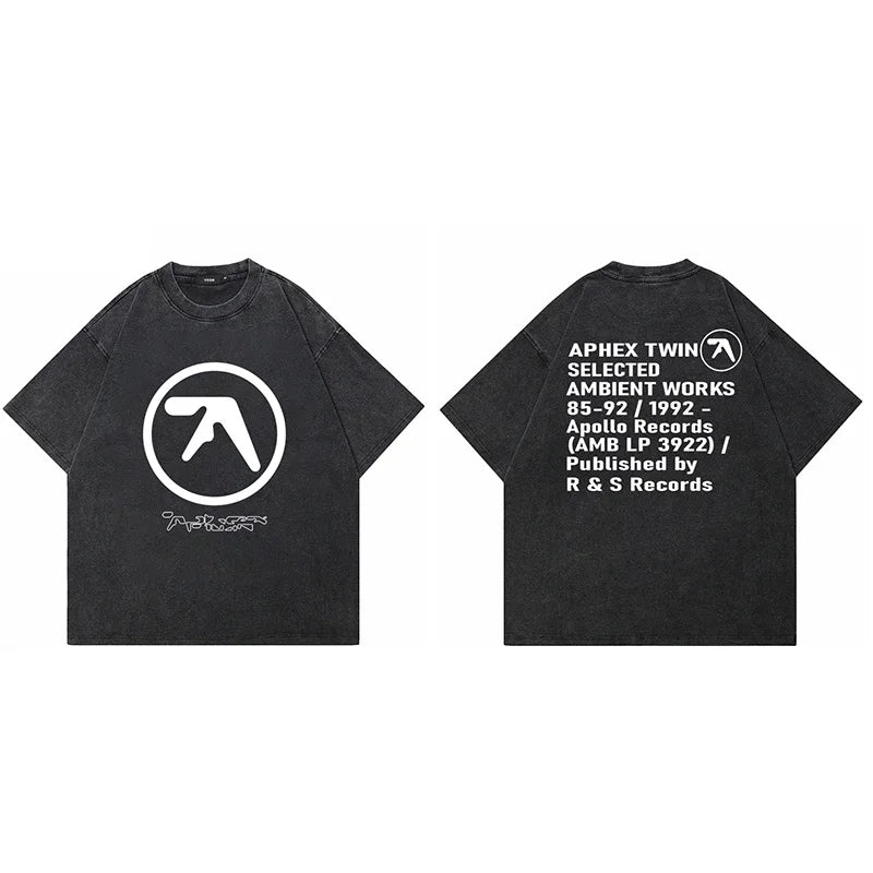 Männer T-Shirt Aphex Twin Gewaschen Schwarz Druck Baumwolle Grafik Übergroßen Koreanische Mode Kurzarm Tops Tees Y2k Streetwear Kleidung