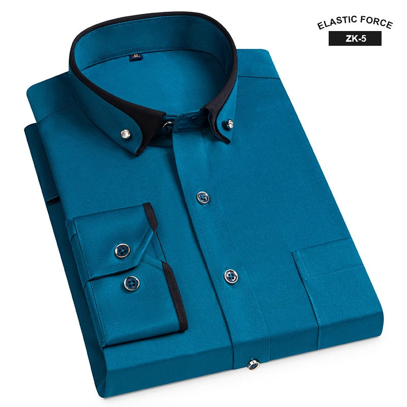 Neue Mode Frühjahr Elastische Nicht-eisen Langarm-shirt Männer der Jugend Kristall Taste Patchwork Kragen Nicht Baumwolle Business hemd Männer