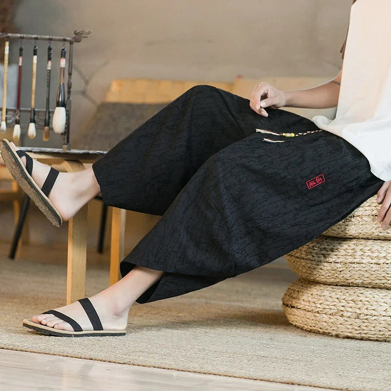 Japanischer Kimono, traditionelle Shorts, asiatische Kleidungshose für Herren, japanische Samurai, lässige, lockere Yukata-Leinen-Hose mit weitem Bein für Herren