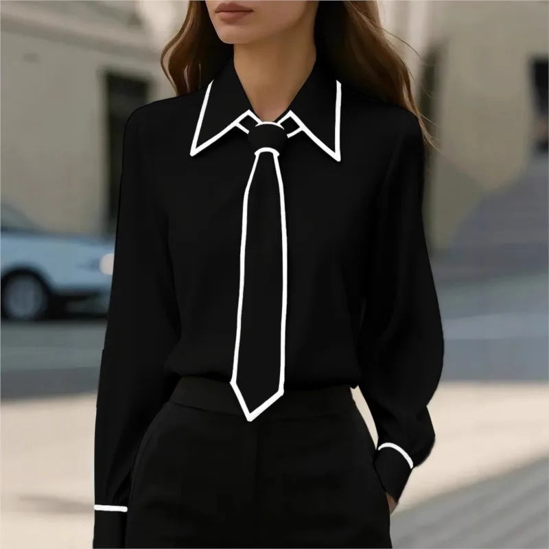 Damenbluse, modisches Hemd, formelle Fliege, langärmelig, kontrastierender Besatz, Oberteile, schmal geschnittene Arbeitskleidung, elegante Büro-Damenhemden für Damen