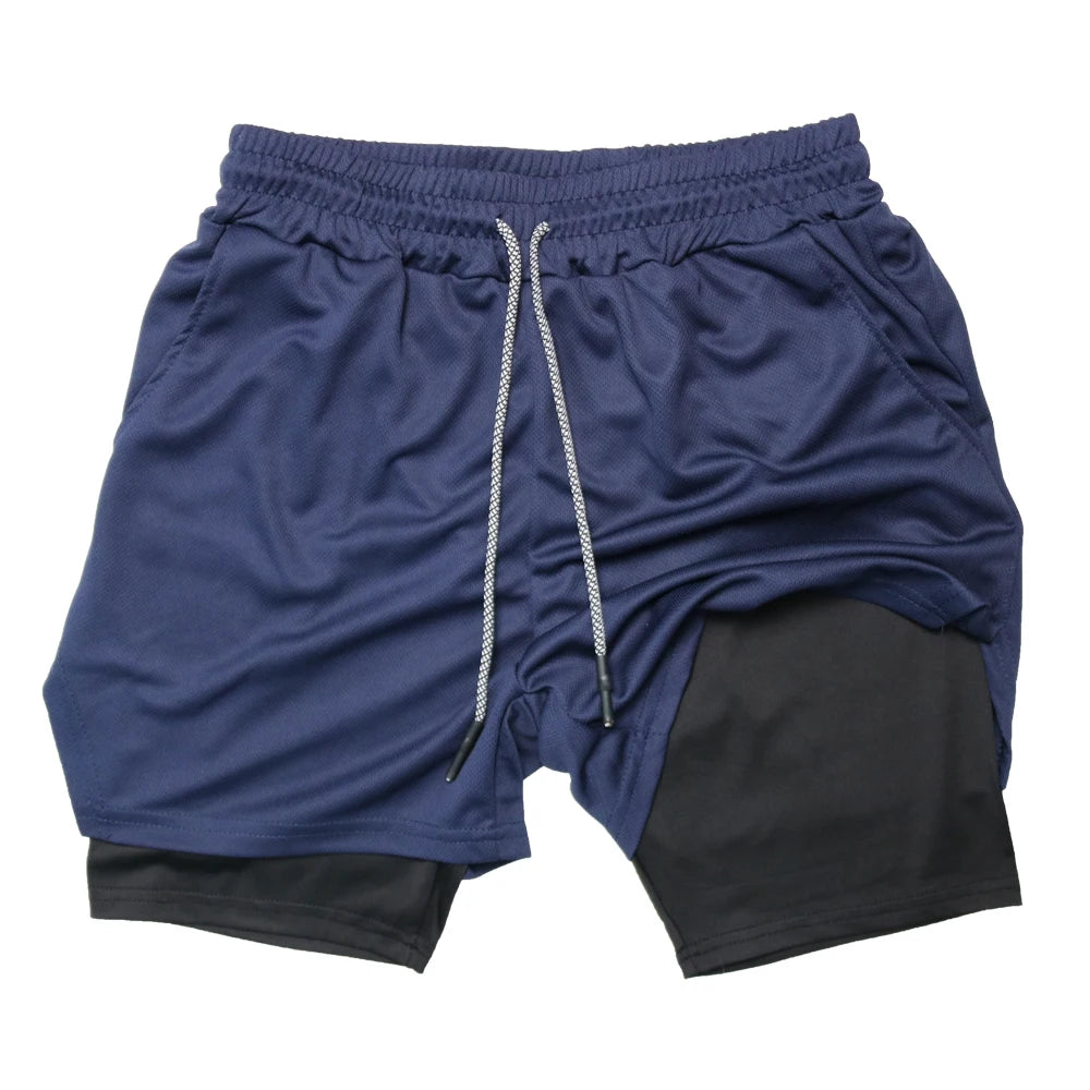 Doppelschichtige Fitness-Shorts für Herren, für Fitness, Fitnessstudio, Training, 2-in-1-Sport-Shorts, schnell trocknend, Workout, Joggen, Doppeldeck, Sommer