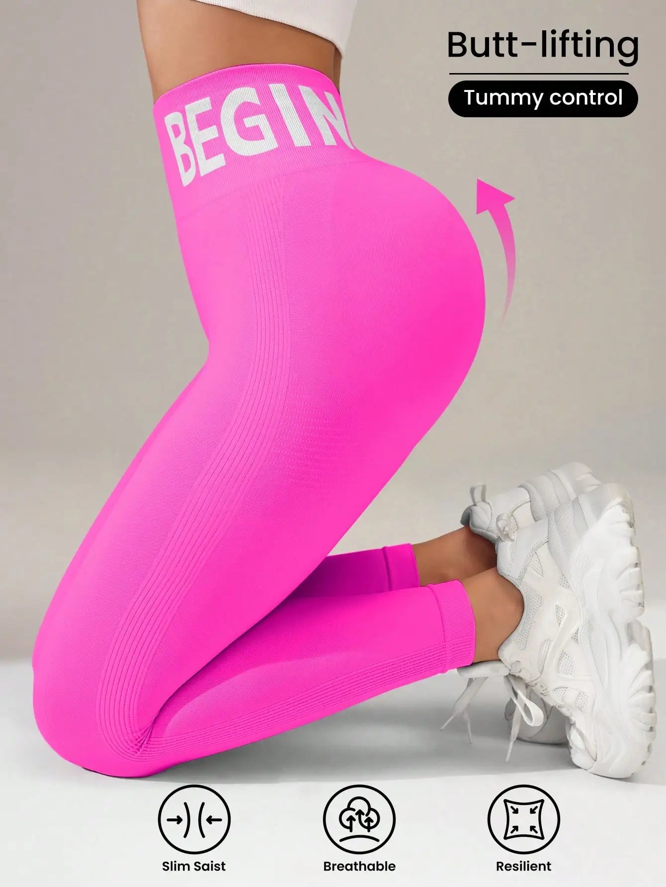 Europäische und amerikanische nahtlose Yoga-Leggings mit Bundbeschriftung, Po-Lifting, schnell trocknende, atmungsaktive Damenstrumpfhose für Erbse