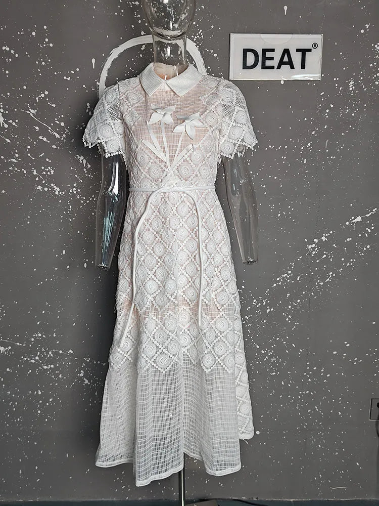 DEAT Elegantes Kleid Spitze Gaze Gespleißt Einfarbig Umlegekragen Kurzarm Schlanke frauen Kleider 2025, Frühjahr Neue 15DZ285