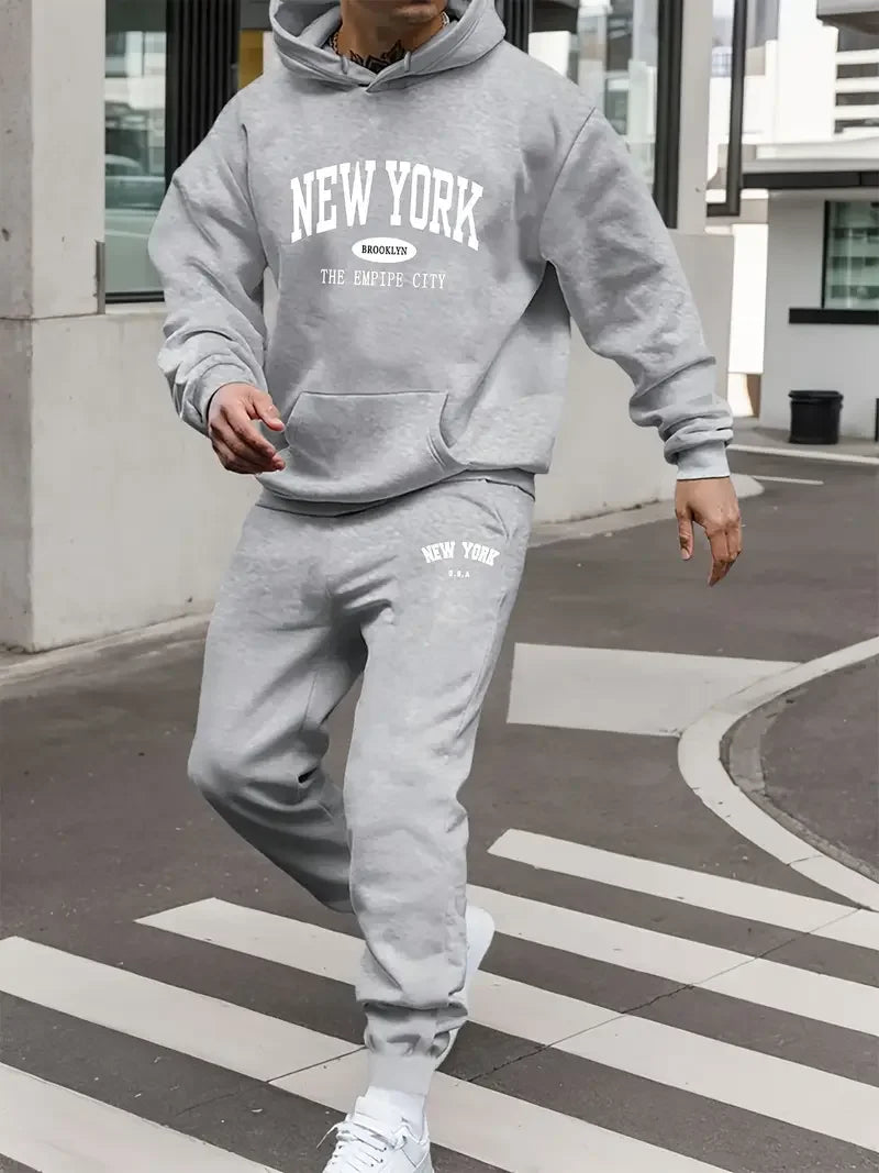 Herren Samt Verdickt Sport Set New York Brief Gedruckt Frühling und Herbst Hoodie Set Langarm Casual Bequeme Tasche Hoo