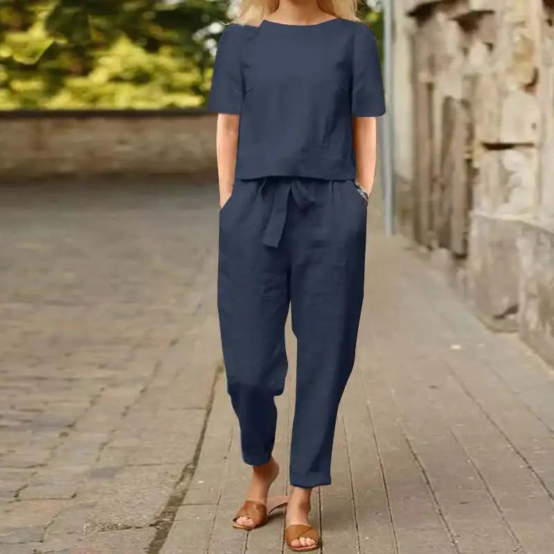 Damen-Anzug aus Baumwolle und Leinen, Sommer-passender Anzug, halbärmelige Rundhals-Krawatte, elastische Taille, Hose mit weitem Bein, Retro-Anzug 2024