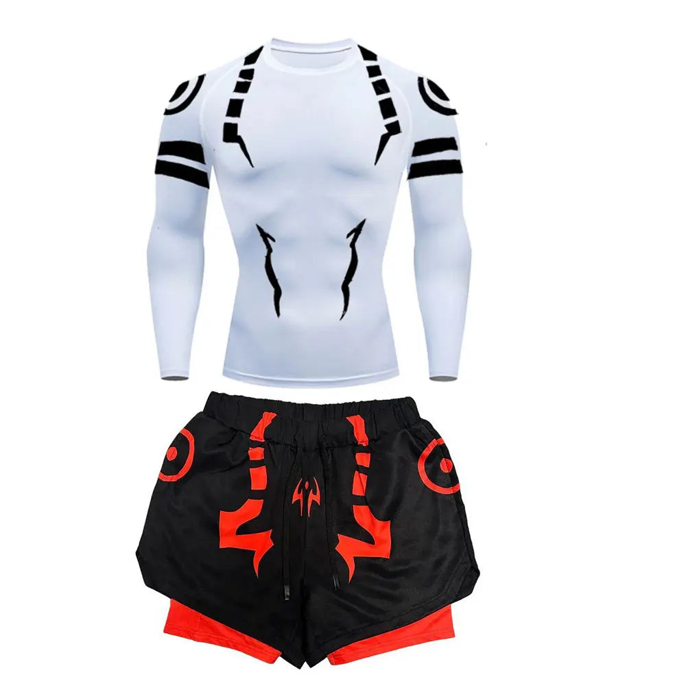 Anime Jujutsu Kaisen Kompressionsset Fitnessanzug für Herren, schnell trocknendes 3D-Kompressionsshirt + Fitnessstudio-Shorts, Lauf-Workout-Sportbekleidung
