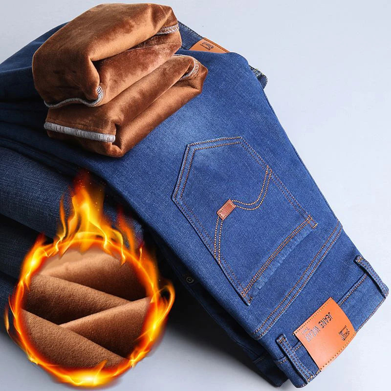 Männer Neue Mode Winter Warme Jeans Männlichen Fleece Gefüttert Verdickte Denim Hosen Lose Gerade Bequeme Casual Schwarz Blau Hosen
