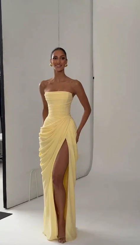 Elegantes Gelbes Trägerloses Plissiertes Kleid für Damen, Schickes Ärmelloses Tailliertes Maxikleid mit Schlitz, 2026 Damen-Abendkleider für Partys