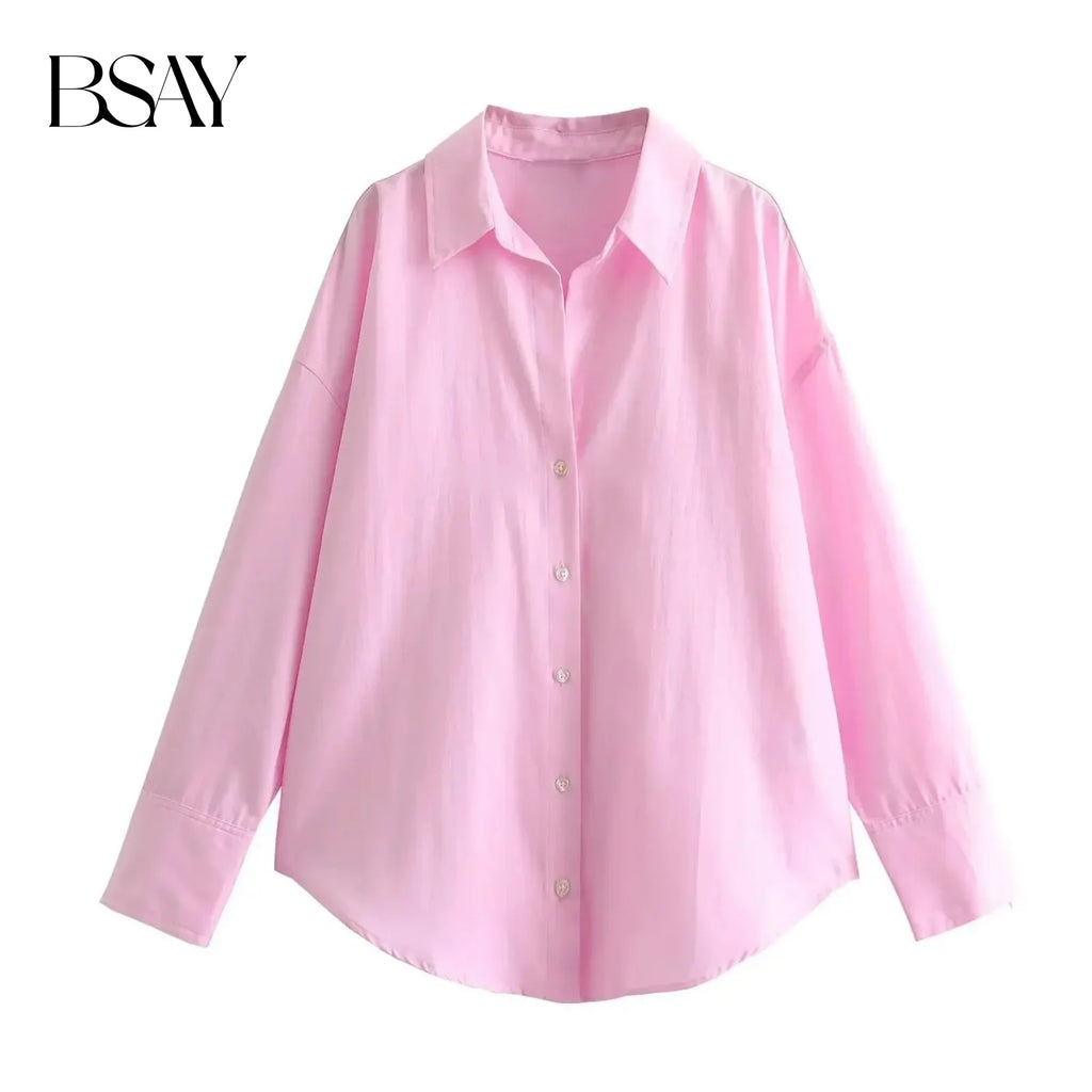 BSAY Frauen Mode Langarm einreiher Revers Baumwolle Oxford Bluse Straße Kleidung Hemd Chic Damen Crop Tops Mujer