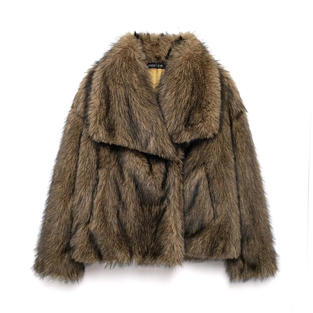 KONDALA Casual Braun Dickes Fell Jacken Frauen Langarm V-ausschnitt Herbst Winter Faux Pelz Mäntel Mode 2025, Streetwear Outwears