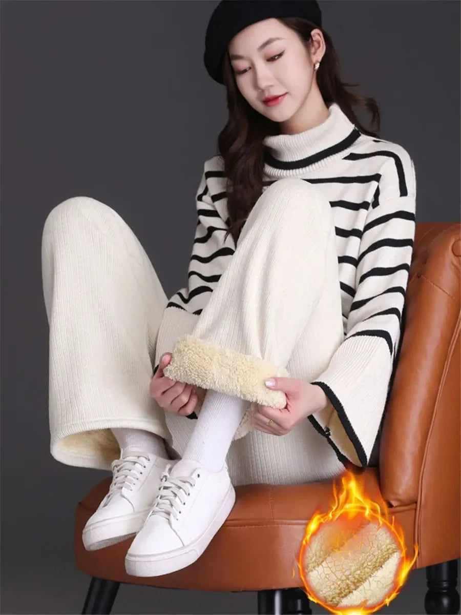 Dünne/Dicke Winter Gefüttert Breite Bein Hosen CasualThicken Warme Baggy Jogginghose Frauen HighWaist Koreanische Lamm Flusen Gerade Pantalones