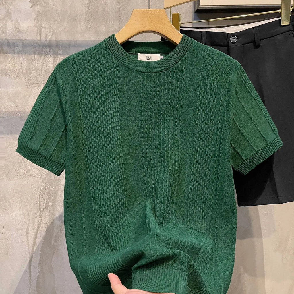 Kurzärmeliges T-Shirt für Herren Gestreiftes Häkel-Strickwaren Retro Einfarbiges Luxus-T-Shirt Schlankes Stylisches Frühling-Sommer Cooles Lässiges Hemd