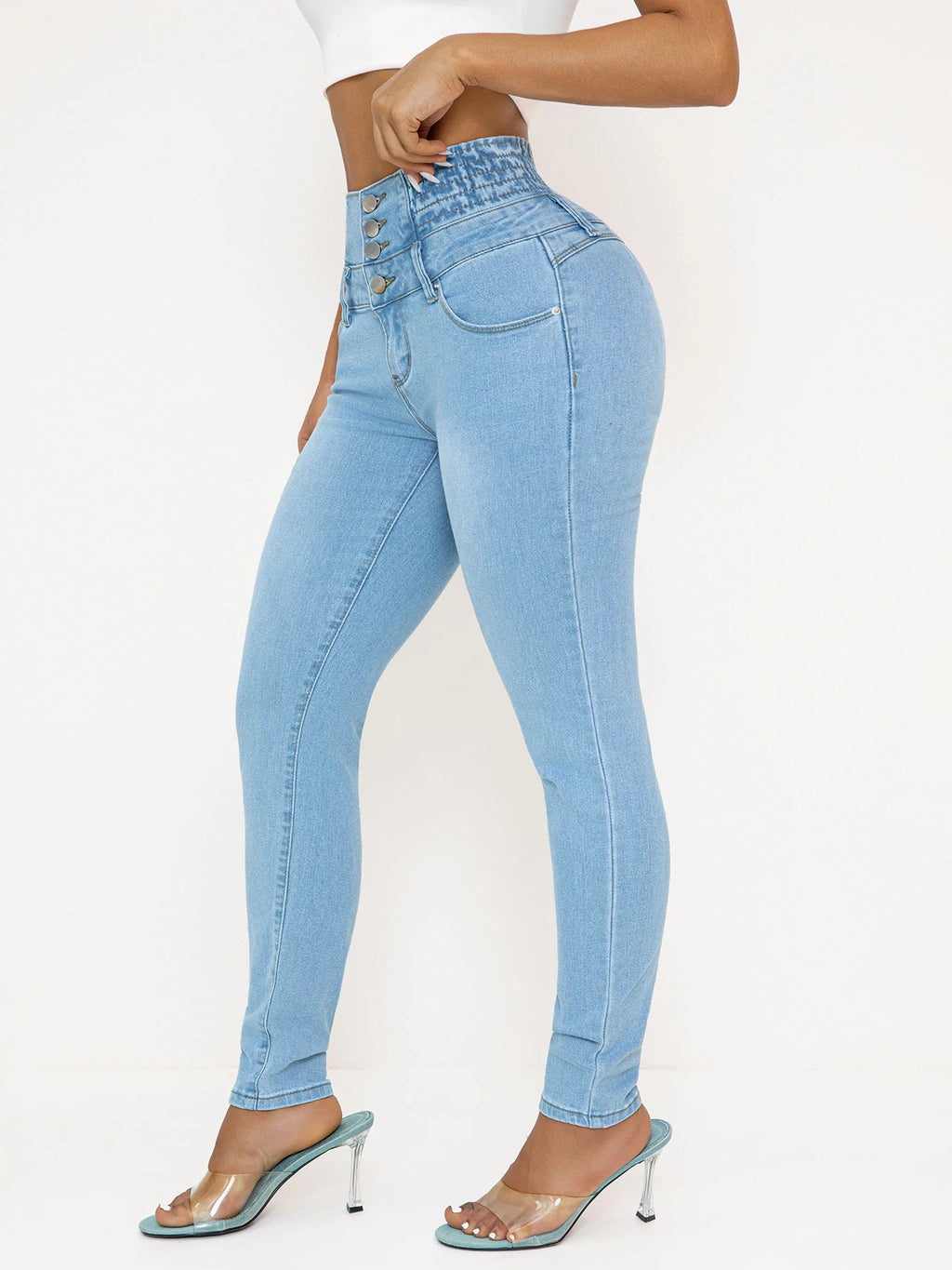 Damen-Jeans aus Stretch-Denim mit hoher Taille –  schmale Passform mit Po-Lifting, lässiger Stil, Hellblau, Ganzjahres-Komfort, hohe W