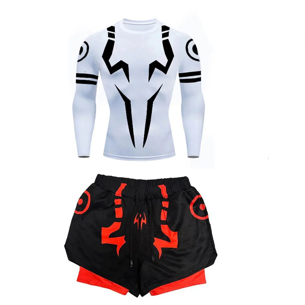Anime Jujutsu Kaisen Kompressionsset Fitnessanzug für Herren, schnell trocknendes 3D-Kompressionsshirt + Fitnessstudio-Shorts, Lauf-Workout-Sportbekleidung