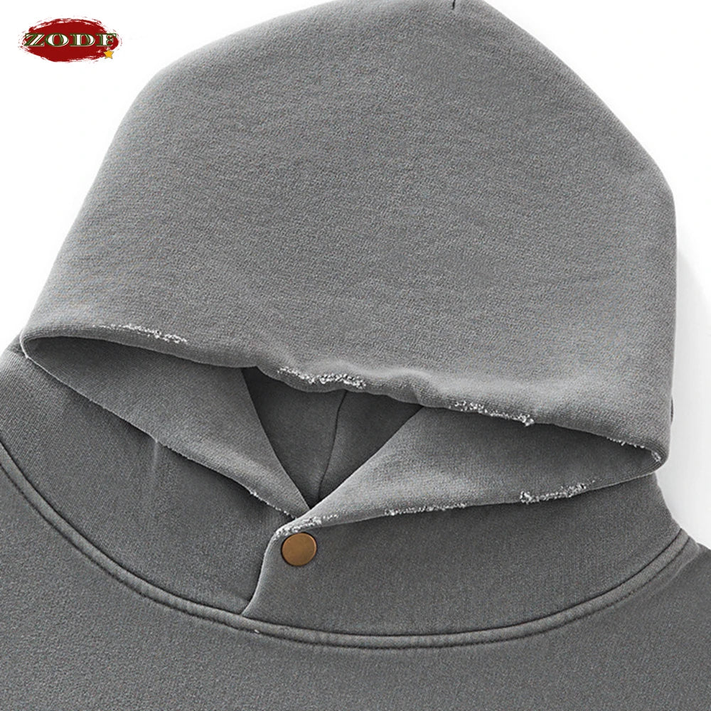 Vintage Mann gewaschen Boxy Fleece Hoodie Unisex lose zerrissene warme Knopf Winter Kapuzenpullover Markenkleidung HY0053