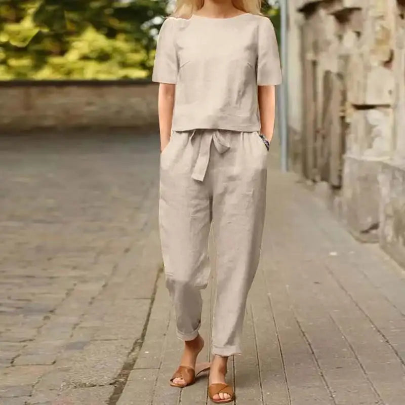 Damen-Anzug aus Baumwolle und Leinen, Sommer-passender Anzug, halbärmelige Rundhals-Krawatte, elastische Taille, Hose mit weitem Bein, Retro-Anzug 2024