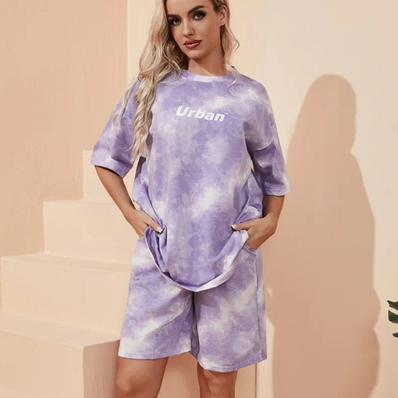 2-teiliger Anzug für Damen, T-Shirt, Shorts, Batikmuster, lockeres T-Shirt und mittlere Shorts mit weitem Bein und Taschen, weiblich, lässig, weich, Sommer-Sets
