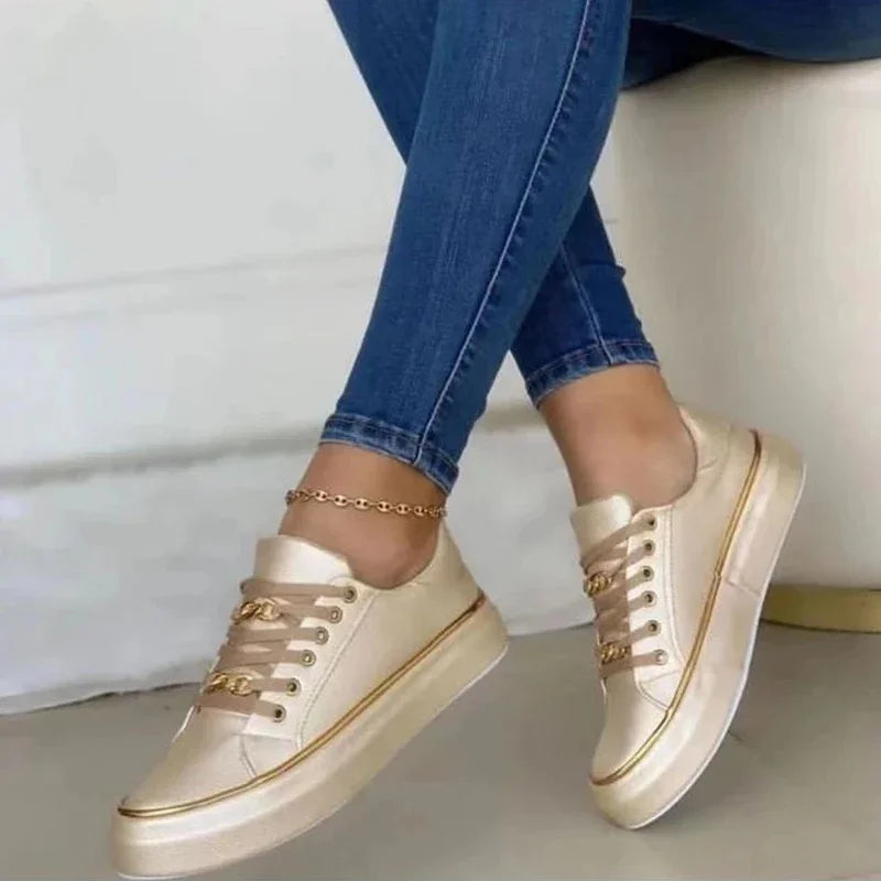 Damen-Turnschuhe, neue Modekette, Leder, bequeme runde Zehen, Plateau-Turnschuhe, Schnür-Walking, vulkanisierte Damenschuhe