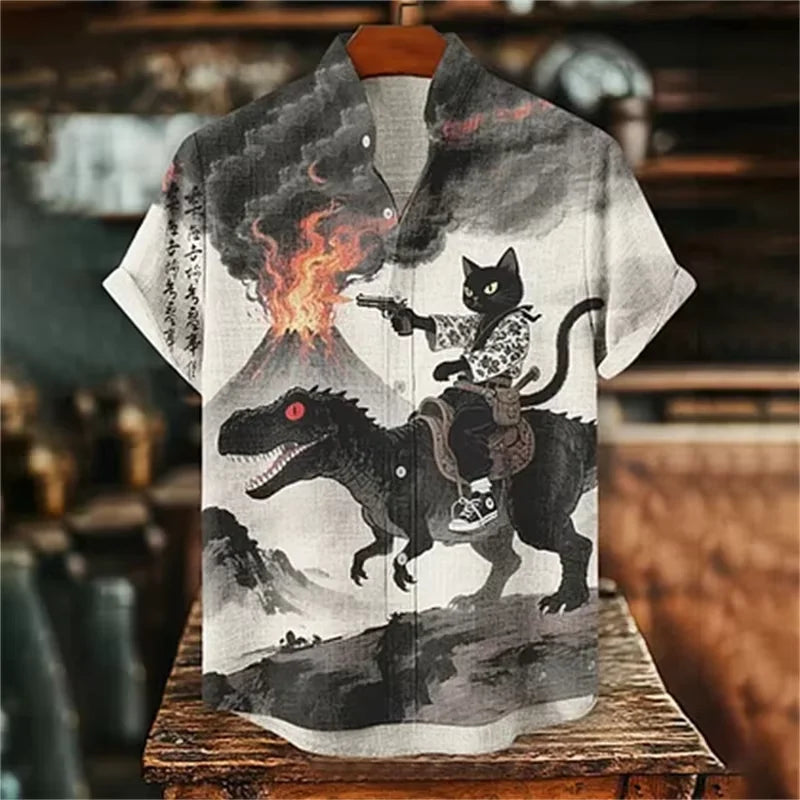 Herren-Retro-Katzenhemd mit lustigem Kalligrafie-Dinosaurier-Vulkaneruption-Print, kurzärmelig, Urlaubsmode, Vintage japanische Kleidung