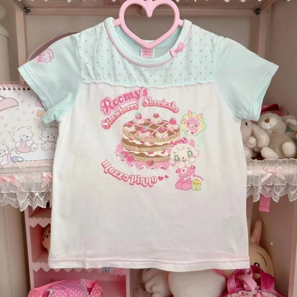 Japanische Kawaii Crop Tops Cartoon Print Harajuku Lolita Kurzarm T-shirts Frauen Y2k Ästhetische Dünne T Vintage Fee Grunge