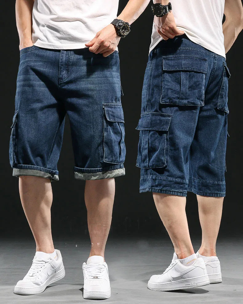 Herren Jeans shorts mit weitem Bein Multi-Pocket 7-Punkt-Arbeit Cargo Jeans Shorts Fett plus Größe Denim Shorts männlich