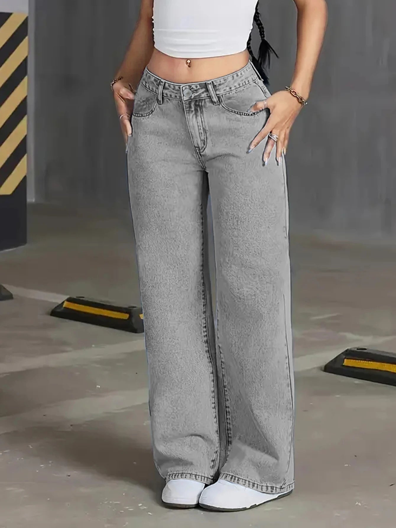 Herbstliche neue hoch taillierte Damenjeans mit weitem Bein – hellgraue gewaschene Jeans, locker und modisch, geeignet für Freizeitkleidung