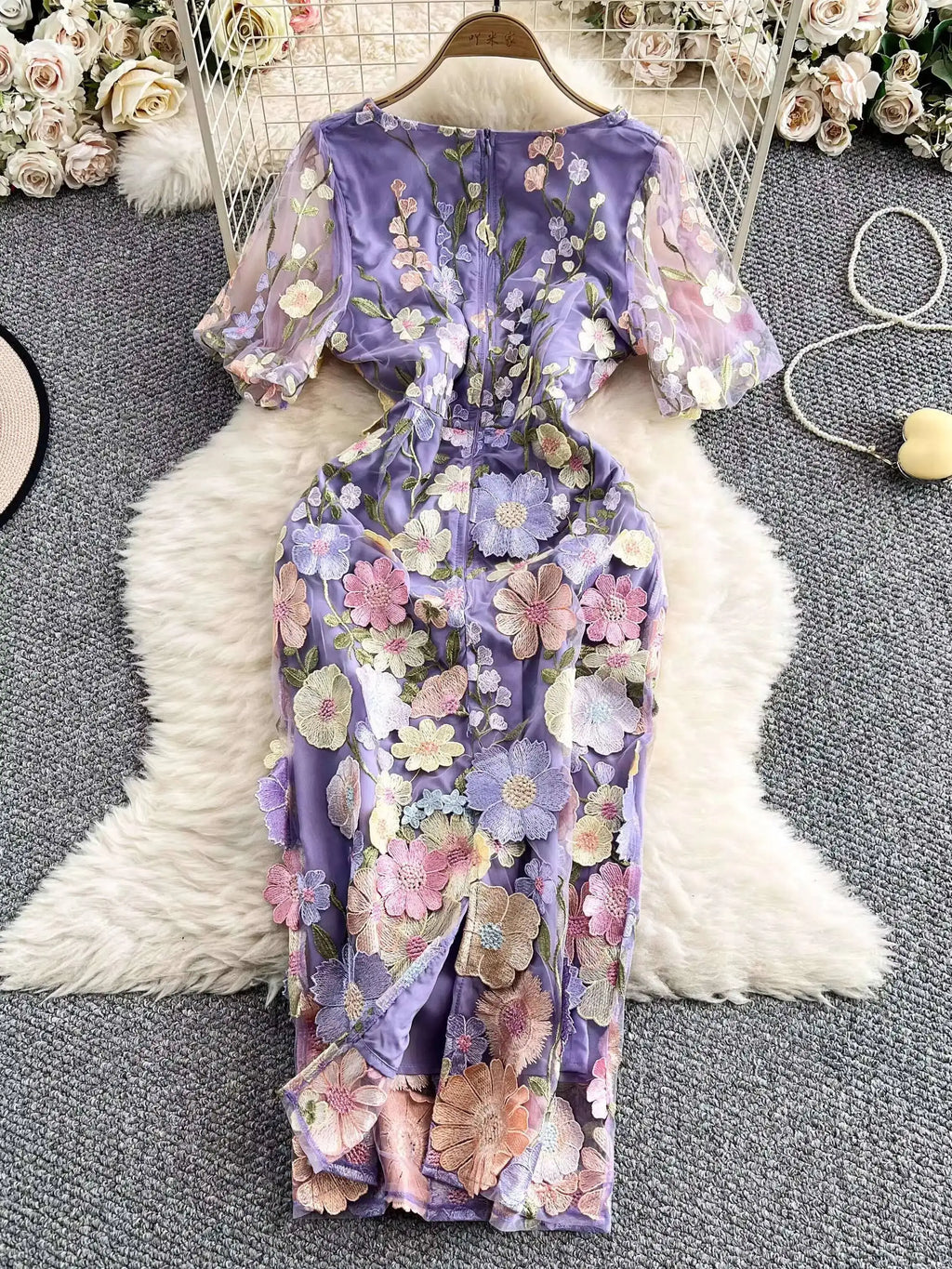 Sommer Luxus Midi Lange Kleider Party Elegante 3D Blume Stickerei Kurzarm Bleistift Tüll Prom Formale Kleid Frauen