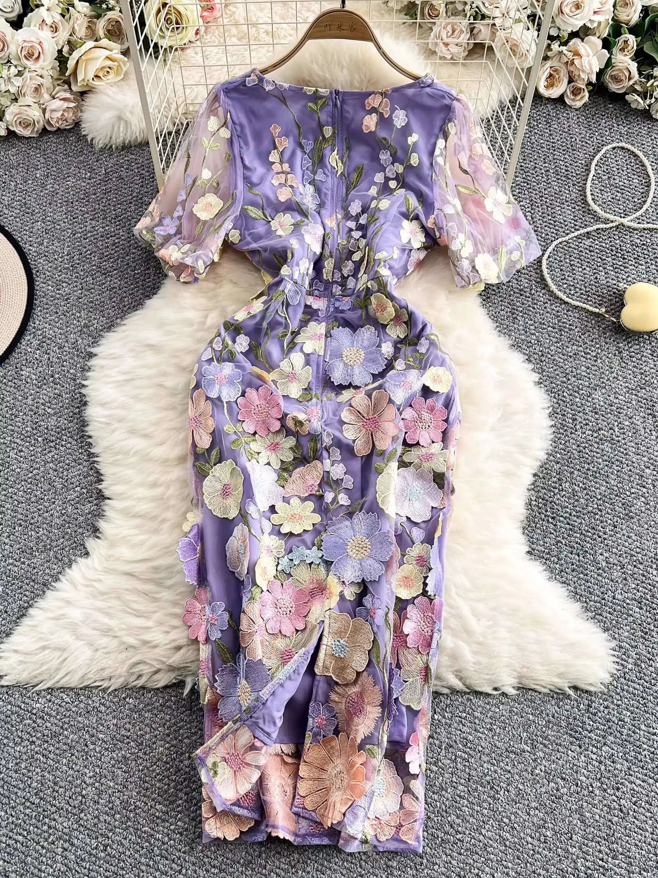 Sommer Luxus Midi Lange Kleider Party Elegante 3D Blume Stickerei Kurzarm Bleistift Tüll Prom Formale Kleid Frauen