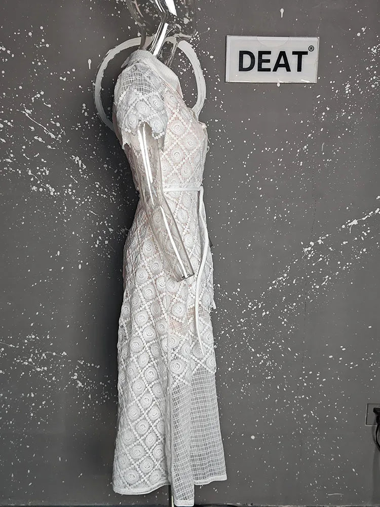 DEAT Elegantes Kleid Spitze Gaze Gespleißt Einfarbig Umlegekragen Kurzarm Schlanke frauen Kleider 2025, Frühjahr Neue 15DZ285