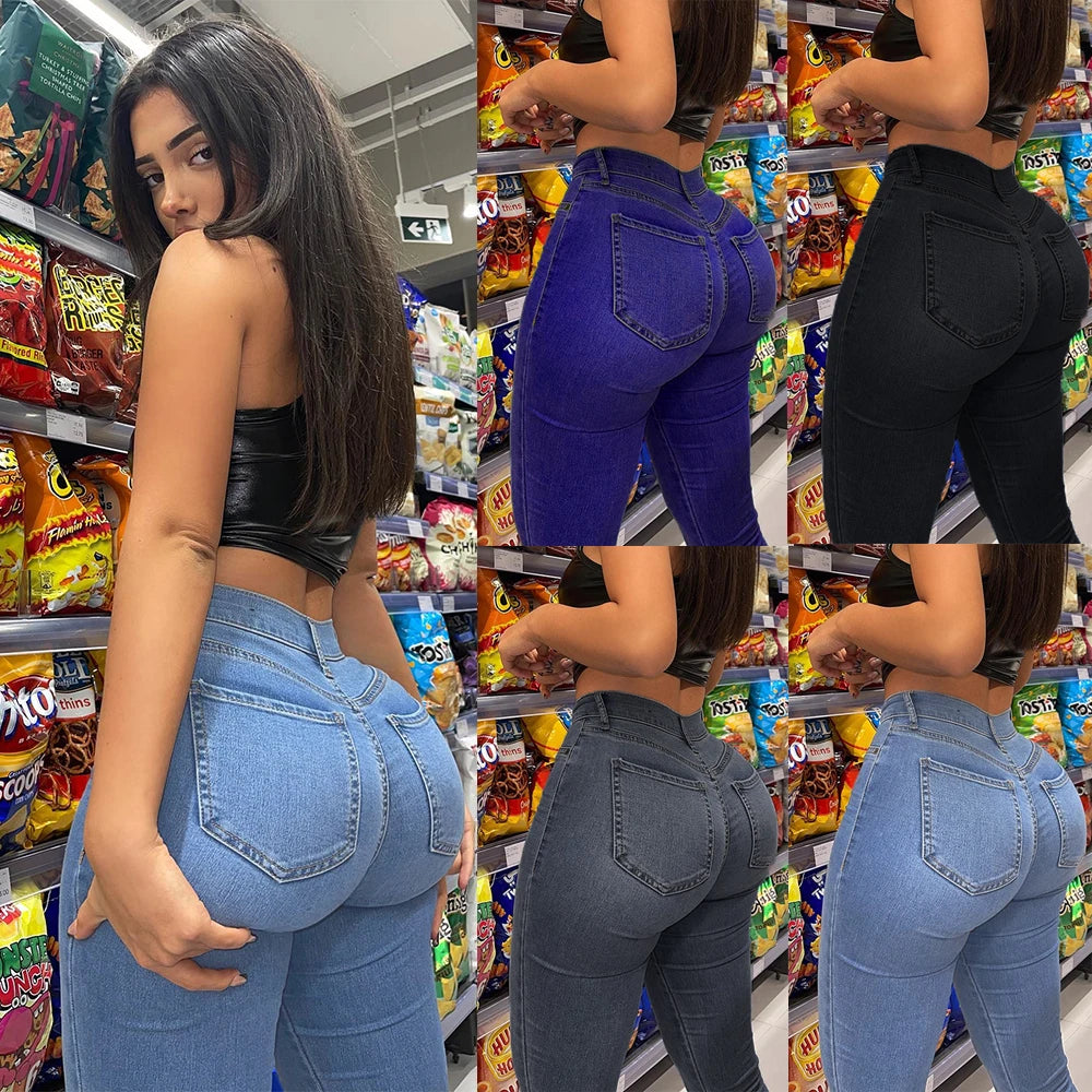 Stretch Skinny Denim Damen Jeans Mid Waist Hose Blau Retro Washed Elastic Slim Bleistifthose