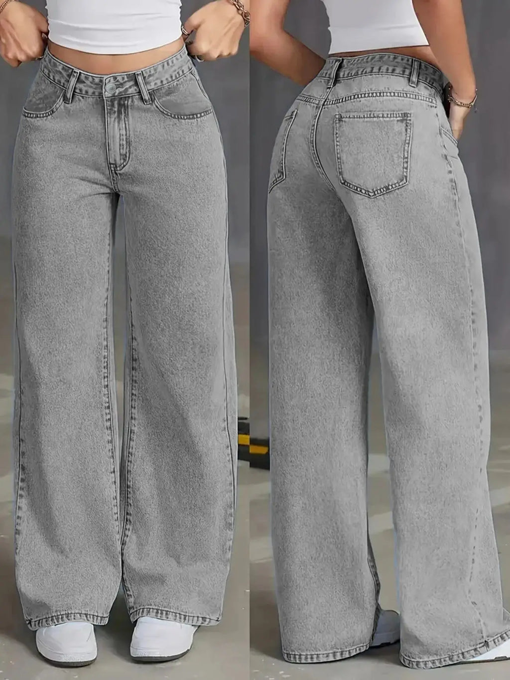 Herbstliche neue hoch taillierte Damenjeans mit weitem Bein – hellgraue gewaschene Jeans, locker und modisch, geeignet für Freizeitkleidung