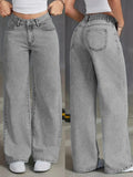 Herbstliche neue hoch taillierte Damenjeans mit weitem Bein – hellgraue gewaschene Jeans, locker und modisch, geeignet für Freizeitkleidung