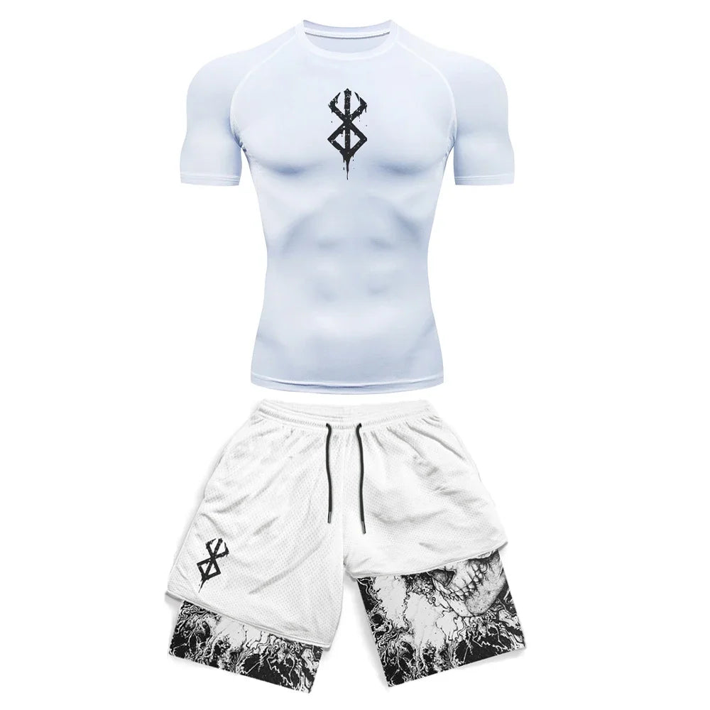 Anime 3D-gedrucktes Herren-Kompressionsset, kurzärmeliges Gym-Top + Workout-Shorts, schnell trocknend, atmungsaktiv, Leichtathletik-Rashguard-Set