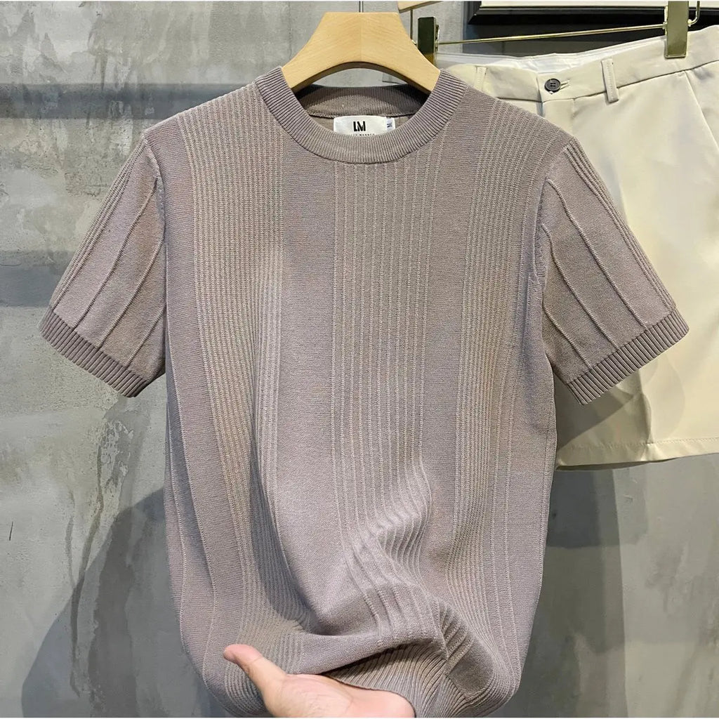 Kurzärmeliges T-Shirt für Herren Gestreiftes Häkel-Strickwaren Retro Einfarbiges Luxus-T-Shirt Schlankes Stylisches Frühling-Sommer Cooles Lässiges Hemd