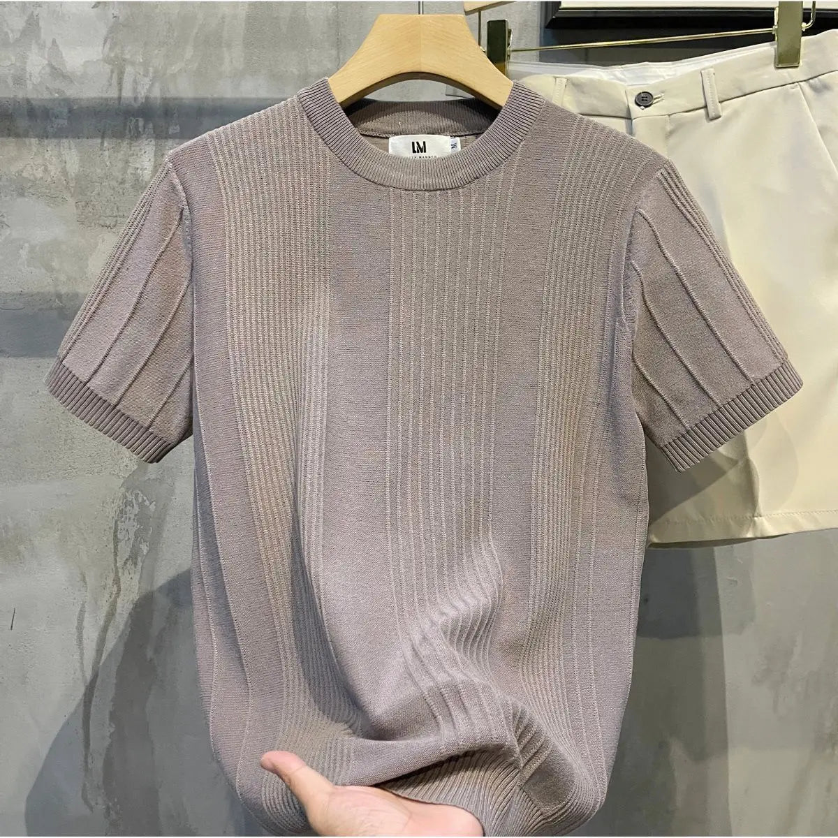 Kurzärmeliges T-Shirt für Herren Gestreiftes Häkel-Strickwaren Retro Einfarbiges Luxus-T-Shirt Schlankes Stylisches Frühling-Sommer Cooles Lässiges Hemd