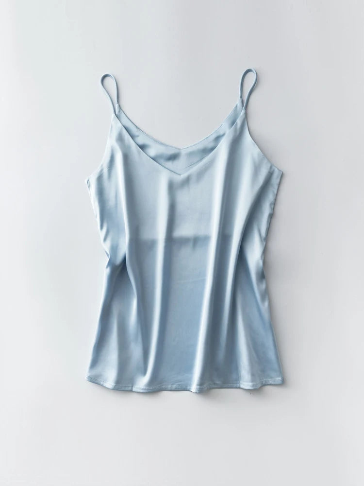 Spaghettiträger-Top für Damen, Neckholder, V-Ausschnitt, Basic, weiß, Cami, ärmellos, Satin-Seiden-Tanktops, Damen-Sommer-Unterhemd