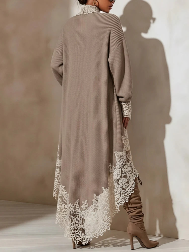 Einfarbiges Spitzenbesetztes Minikleid Damen Lässiges Patchwork Langarm Rollkragen Asymmetrischer Saum Lockeres Kleid 2026 Frühling Herbst Kleid