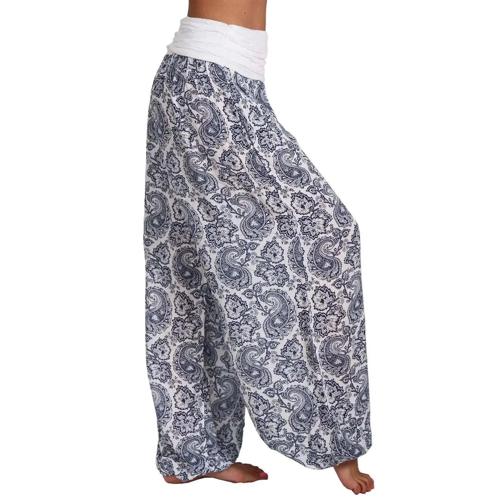 Damen Boho Haremshose – weites Bein, Vintage-Print, elastische Taille