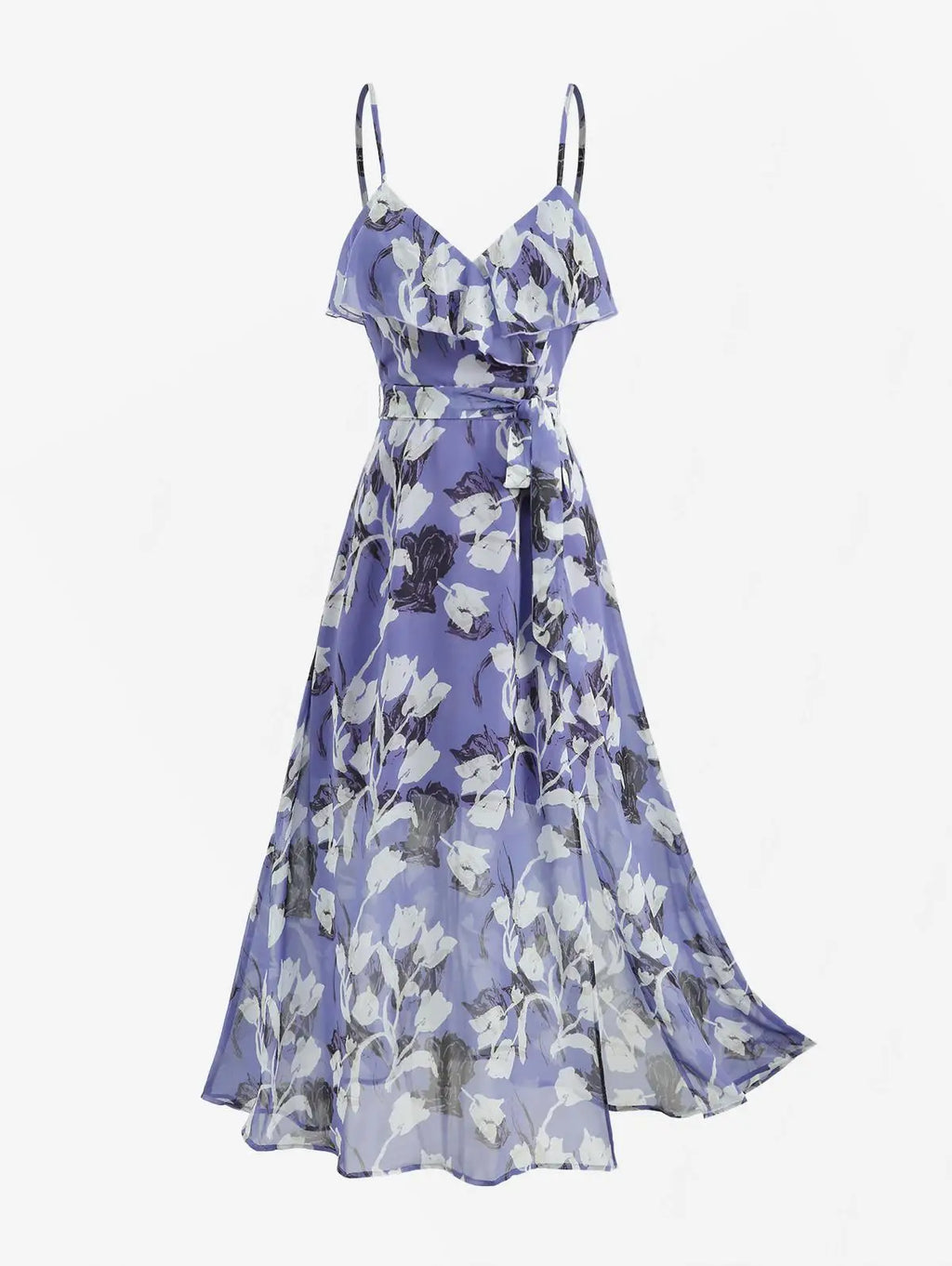 Neue Sommerkleider für Damen, lila Blumendruck, Rüschen, geteiltes A-Linien-Trägerkleid mit abnehmbarem Gürtel, Cocktail-Partykleid, Vestido