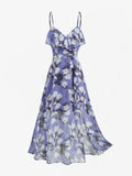 Neue Sommerkleider für Damen, lila Blumendruck, Rüschen, geteiltes A-Linien-Trägerkleid mit abnehmbarem Gürtel, Cocktail-Partykleid, Vestido